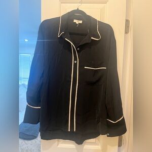 Entro M Black Silky Pajama Style Button-Down Blouse Top White Piping Medium NWOT